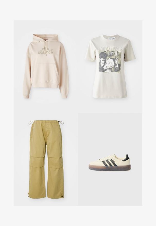 Beige kapuutsiga sviiter, millel on eesmine tasku, millel on "new balance" logo ja õitega aktsendid vaigistatud värvustes. Pehme kangas ja pikad varrukad.; Beeži puuvillane T-särk ümmarguse kaelusega. Omab graafilist printi tegelaste ja tekstiga filmist "Buffy", mustade ja hallide toonide kombinatsioonis.; Khaki värvi cargo püksid, laiad jalad, elastne vöökoht, eespool taskud ja reguleeritavad stringiga mansetid. Valmistatud kerge kangaga.; Beežid tossud kolme musta triibuga, ümmarguse varbaosaga, soonilise kummist tallaga ja siledast materjalist pealsega. Omaduseks on patjadega kand ja minimaalne bränding.