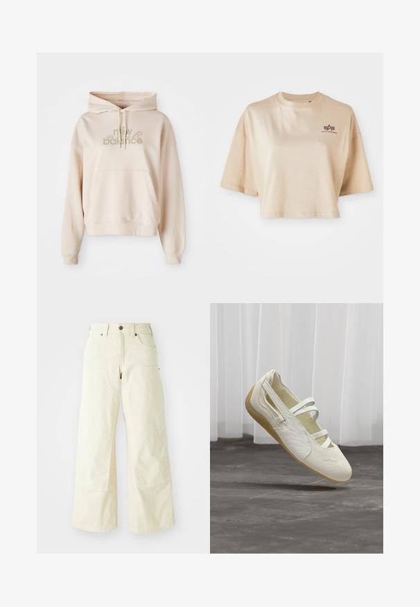 Beige kapuutsiga sviiter, millel on eesmine tasku, millel on "new balance" logo ja õitega aktsendid vaigistatud värvustes. Pehme kangas ja pikad varrukad.; Khaki värvi lühikeste varrukatega puuvillane lühike t-särk, ümara kaelusega ja tumepunase logo graafikaga vasakul rinnal.; Beez värvi laiad püksid, mis on valmistatud puuvillast, kõrge vöökohaga, suurte ees olevate taskutega ning sileda tekstuuriga, millel on minimaalsed õmblusdetailid.; Kreemikasvalge Mary Jane stiilis jalanõu, millel on kolm rihma, tekstureeritud küljed ja helepruun painduv tald, hõljumas halli põranda kohal.