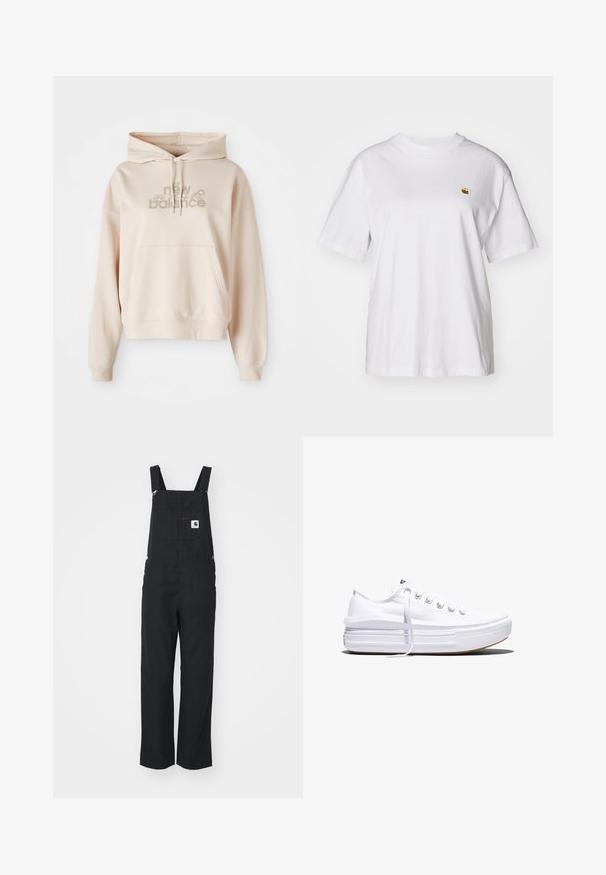 Beige kapuutsiga sviiter, millel on eesmine tasku, millel on "new balance" logo ja õitega aktsendid vaigistatud värvustes. Pehme kangas ja pikad varrukad.; Valge puuvillane T-särk, millel on lõdva lõikega, lühikesed varrukad ja väike broderi logo vasakul rinnakarpi.; Mustad mustrid ühes tükis, reguleeritavad õlapaelad, esipindadega tasku ja külgmised nupud. Sirged sääred, sile tekstuur, minimaalne stiil.; Valge madala lõikega lõuendijalanõu, millel on paks platvormpõhi, ees nöörimine ja kummist tekstuuriga varbakate, kujutatud külgvaates.