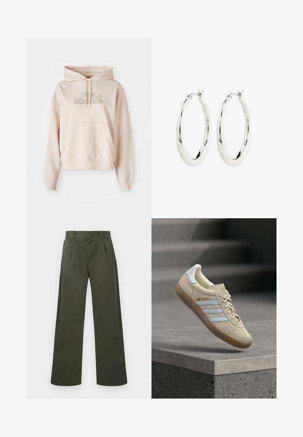 Beige kapuutsiga sviiter, millel on eesmine tasku, millel on "new balance" logo ja õitega aktsendid vaigistatud värvustes. Pehme kangas ja pikad varrukad.; Oliivirohelised otse lõigatud püksid vööaasade, eesmine nööp-kinnituse ja küljetaskutega valgel taustal.; Beeži värvusega seemisnahast spordijalats koos helesiniste triipudega, kummist tallaga, kuldse "Gazelle" logoga ja klassikalise paelaga sidumisega, hallil pinnal.; Hõbedased rõngaskõrvarõngad siledast ja läikivast viimistlusest. Ringikujuline, sisaldab kindlat kinnitust. Lihtne ja elegantne disain.