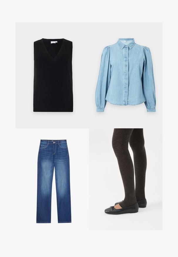 Sort ærmeløs striktrøje med en dyb V-hals, featuring en ribbet tekstur og subtile sideaccenter. Klassisk design med en lige pasform.; Lyseblå denimskjorte med spids krave, knapper foran og lange pufærmer. Glat tekstur med rundet kant forneden.; Blå denimjeans med straight-leg snit, fem lommer, let falming og kontrastsyet langs sømmene og veste.; Ben iført mørke ribbede leggings kombineret med sorte balletsko med små sløjfedetaljer på hvid baggrund.