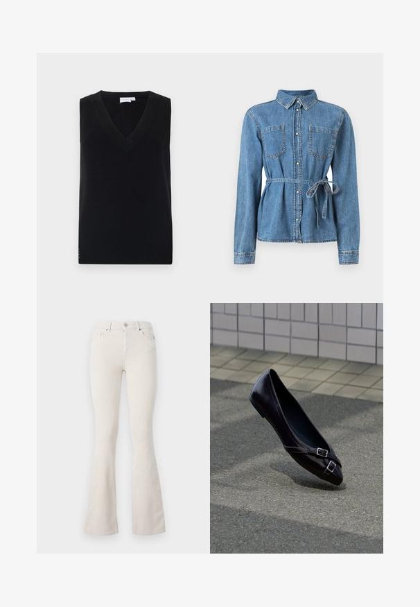 Zwarte mouwloze gebreide trui met een diepe V-hals, voorzien van een geribbelde textuur en subtiele zijaccenten. Klassiek ontwerp met een rechte snit.; Lichtblauwe denim shirt met lange mouwen, knoopsluiting aan de voorkant, twee borstzakken en een taille met riem voor een verstelbare pasvorm.; Beige corduroy flared broek met een hoge taille, voorzien van een metalen knoopsluiting, riemlussen en een zichtbare ribbelstructuur.; Zwarte spitse ballerina met twee kleine zilveren gespen zwevend boven asfalt bij een achtergrond van betegelde muur.