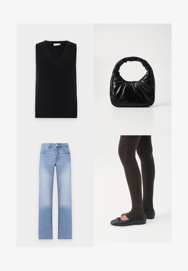 Zwarte mouwloze gebreide trui met een diepe V-hals, voorzien van een geribbelde textuur en subtiele zijaccenten. Klassiek ontwerp met een rechte snit.; Lichtblauwe denim jeans met een rechte pijpdesign, kenmerkend door een vervaagde was aan de onderste helft en klassieke vijf-pocketstyling.; Benen met donkere geribbelde leggings gecombineerd met zwarte ballerina's met kleine strikdetails op een witte achtergrond.; Zwarte gevoerde handtas met een ronde handgreep, met een gladde, glanzende oppervlakte en een zachte, gewatteerde textuur. Geen zichtbare metalen onderdelen of accenten.
