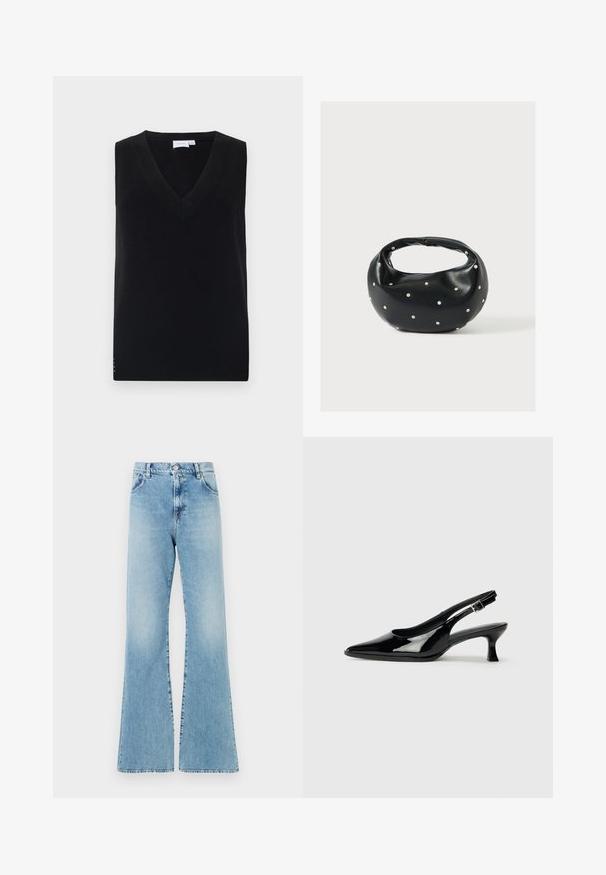 Sort ærmeløs striktrøje med en dyb V-hals, featuring en ribbet tekstur og subtile sideaccenter. Klassisk design med en lige pasform.; Lyseblå denim flared jeans med høj talje, fem lommer og stikninger, der har en knap- og lynlås lukning.; Sorte patenterede slingback-sko med spidse tæer og lav blokhæl. Justerbar spænde-rem ved anklen.; Sort læderhåndtaske med en rundet form, dekoreret med sølvnitter, og et kort håndtag. Glat tekstur og lynlåslukning.