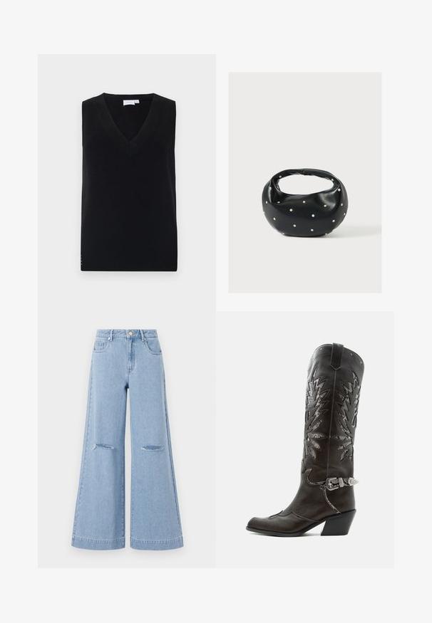 Zwarte mouwloze gebreide trui met een diepe V-hals, voorzien van een geribbelde textuur en subtiele zijaccenten. Klassiek ontwerp met een rechte snit.; Lichtblauwe wijde jeans met een hoge taille, voorzien van twee voorkruiszakken en twee gescheurde knieën, gemaakt van denim.; Zwarte leren cowboylaars met decoratieve uitsnijdingen, zilveren gesp en schuine hak, weergegeven op een witte achtergrond.; Zwarte leren handtas met een afgeronde vorm, versierd met zilveren studs, en een korte handgreep. Gladde textuur en ritsluiting.