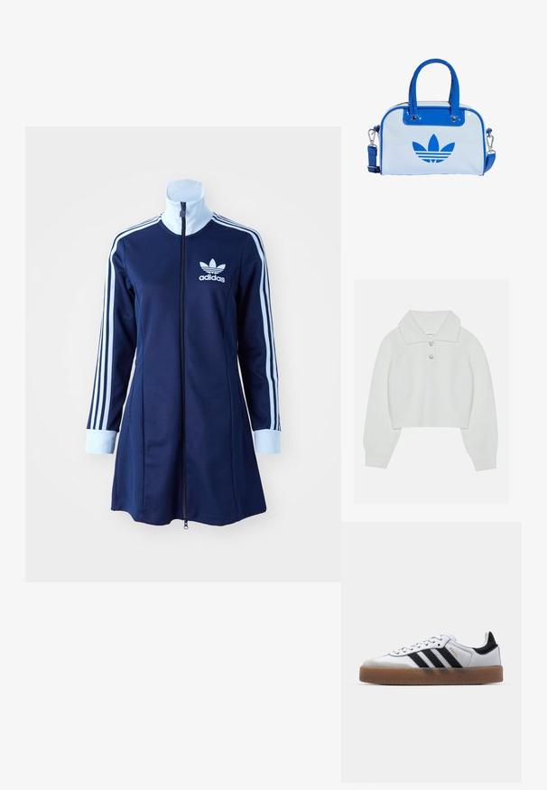Witte cropped sweater met een geribbelde textuur, grote kraag en drie decoratieve knopen bij de halslijn. Lange mouwen met geribbelde boorden.; Marineblauwe adidas zip-up jurk met lange mouwen, lichtblauwe strepen langs de armen en logo op de borst. Glad materiaal met een sportief ontwerp.; Witte leren sneakers met zwarte strepen, gumrubberen buitenzool, ronde neus, vetersluiting en een zachte grijze suède neuskap.; Blauw-witte handtas met een glanzende afwerking, voorzien van twee blauwe handvaten, een afneembare schouderriem en een opvallend blauw logo aan de voorkant.