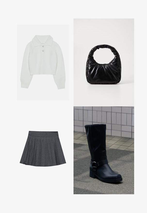 Hvid cropped sweater med ribbet tekstur, stor krave og tre dekorative knapper ved halsudskæringen. Lange ærmer med ribbede manchetter.; Grå stribede skater nederdel med en tætsiddende talje, udformet i A-linje og en blød stofstruktur. Lodrette linjer øger den visuelle interesse.; Sort læderstøvle midt på læggen med lav blokhæle og en dekorativ rem med metal spænde rundt om anklen, på en flisebelagt fortov.; Sort polstret håndtaske med et rundt håndtag, der har en glat, skinnende overflade og en blød, kviltet tekstur. Ingen synlige hardware eller accenter.