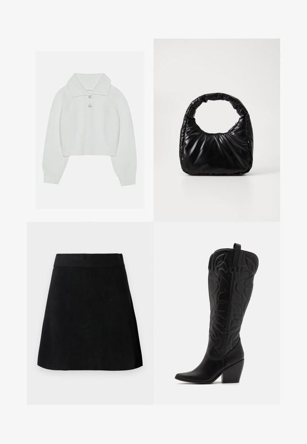 Hvid cropped sweater med ribbet tekstur, stor krave og tre dekorative knapper ved halsudskæringen. Lange ærmer med ribbede manchetter.; Sort A-line nederdel med bred talje, glat tekstur og enkelt design, vist mod en lysegrå baggrund.; Sorte knæhøje støvler i læder med spids snude og lagdelt hæl. Har dekorative syninger og buede designelementer.; Sort polstret håndtaske med et rundt håndtag, der har en glat, skinnende overflade og en blød, kviltet tekstur. Ingen synlige hardware eller accenter.