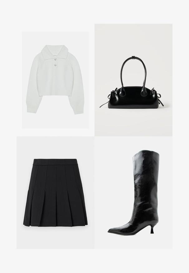 Hvid cropped sweater med ribbet tekstur, stor krave og tre dekorative knapper ved halsudskæringen. Lange ærmer med ribbede manchetter.; Sort plisseret nederdel lavet af et glat materiale. Har en bred linning og flere knivfolder, der går lodret.; Sort skinnende knæhøj læderstøvle med spids tå og lav buet hæl på en ensfarvet lys baggrund.; Lille sort blank håndtaske med to lange håndtag og snøre-detaljer i siden på en ensfarvet lys baggrund.