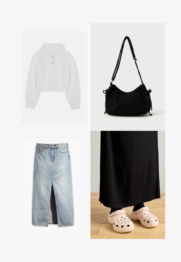 Hvid cropped sweater med ribbet tekstur, stor krave og tre dekorative knapper ved halsudskæringen. Lange ærmer med ribbede manchetter.; Lyseblå denimnederdel med slids foran, fem lommers design og knaplukning. Har et falmet stof og rå kantdetaljer.; Lyserøde gummiklippere med ventilationshuller, en tyk sål og en strop omkring hælen, parret med en sort lang nederdel.; Sort kordfløjls skuldertaske med en buet form, justerbar strop og snorelukninger på begge sider til størrelsejustering.