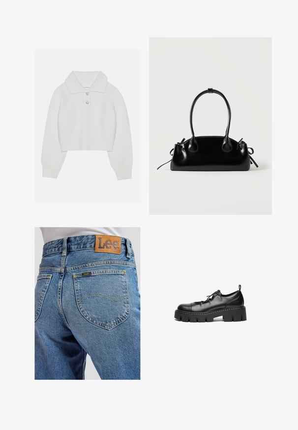 Witte cropped sweater met een geribbelde textuur, grote kraag en drie decoratieve knopen bij de halslijn. Lange mouwen met geribbelde boorden.; Blauwe spijkerbroek met achterzakken met gele stiksels en een bruin leren Lee-merkpatch op de tailleband.; Zwarte leren veterschoenen met een ronde neus, stevige platformzool en decoratieve stikdetails langs de rand.; Kleine zwarte glanzende handtas met twee lange hengsels en zijkant trekkoord details op een effen lichte achtergrond.