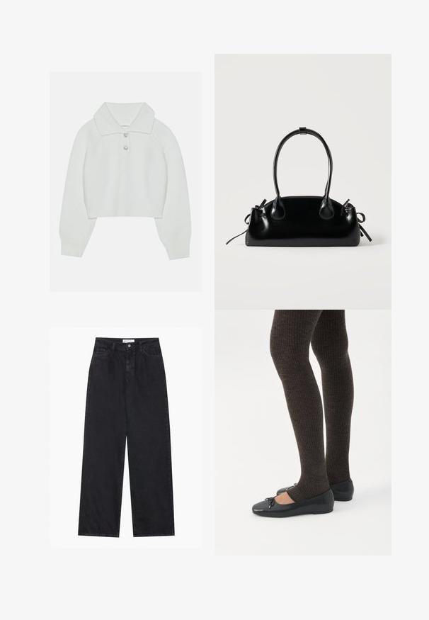 Hvid cropped sweater med ribbet tekstur, stor krave og tre dekorative knapper ved halsudskæringen. Lange ærmer med ribbede manchetter.; Sorte højtaljede bredbenede denimjeans med frontknap og lynlås, bæltestropper og fem-lomme stil.; Ben iført mørke ribbede leggings kombineret med sorte balletsko med små sløjfedetaljer på hvid baggrund.; Lille sort blank håndtaske med to lange håndtag og snøre-detaljer i siden på en ensfarvet lys baggrund.