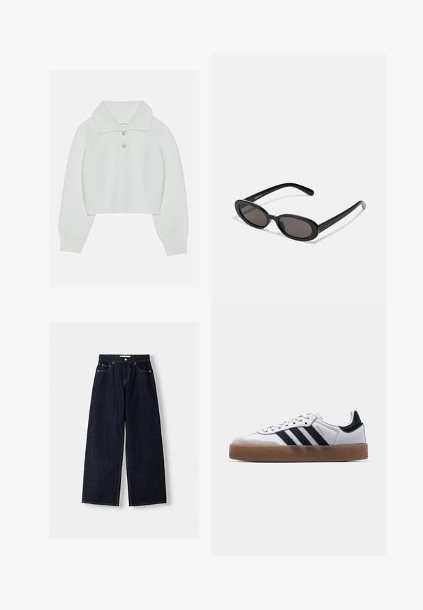 Hvid cropped sweater med ribbet tekstur, stor krave og tre dekorative knapper ved halsudskæringen. Lange ærmer med ribbede manchetter.; Mørkeblå denim wide-leg jeans med høj talje, fem lommer, kontraststing og sølvfarvet metalbeslag. Glat overflade og pæn finish.; Hvide lædersneakers med sorte striber, gummirubber sål, rund tå, snørelukning og blød grå ruskinds tåhætte.; Even&Odd Solbriller - black