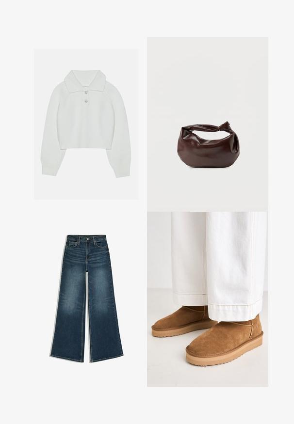 Hvid cropped sweater med ribbet tekstur, stor krave og tre dekorative knapper ved halsudskæringen. Lange ærmer med ribbede manchetter.; Blå vidde jeans med knapper foran og lommer, lagt fladt på en hvid baggrund.; Brune ruskind ankelstøvler med rund tå og en tekstureret gummisål, parret med hvide vidde bukser med kontrasterende sømme.; Mørkebrun læder skuldertaske med en blød, afslappet form og et snoet knudehåndtag på en ensartet hvid baggrund.