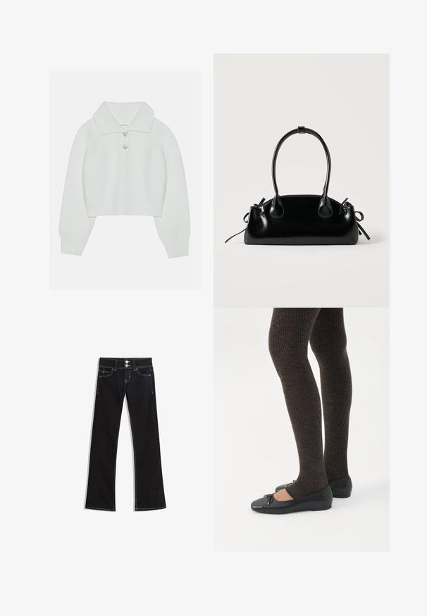 Witte cropped sweater met een geribbelde textuur, grote kraag en drie decoratieve knopen bij de halslijn. Lange mouwen met geribbelde boorden.; Zwarte denim flared jeans met een knoopsluiting, twee zakken aan de voorkant en contrasterende witte stiksels op de naden.; Benen met donkere geribbelde leggings gecombineerd met zwarte ballerina's met kleine strikdetails op een witte achtergrond.; Kleine zwarte glanzende handtas met twee lange hengsels en zijkant trekkoord details op een effen lichte achtergrond.
