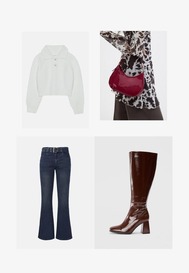Hvid cropped sweater med ribbet tekstur, stor krave og tre dekorative knapper ved halsudskæringen. Lange ærmer med ribbede manchetter.; Mørkeblå højttaljede vidde jeans med forlommer og et matchende bælte med metalkanter og en rektangulær spænde.; Knæhøje brune patentlæderstøvler med firkantet tå, glansfuld finish og en kraftig hæl for stabilitet. Sømløs design uden synligt hardware.; Kvinde iført en sort- og hvidmønstret bluse, der holder en blank rød skuldertaske mod en ensfarvet baggrund.