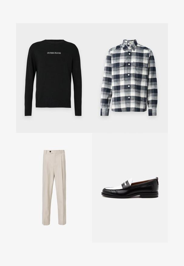 Suéter negro de manga larga, con acabado de canalé en el dobladillo y los puños, que presenta "GUESS JEANS" bordado en blanco en la parte delantera. Textura de punto suave.; Camisa de cuadros fabricada en tela azul marino y blanca. Presenta un collar abotonado, un bolsillo frontal y mangas de longitud completa.; Pantalones beige tailorizados con un diseño de pierna recta, que presentan pliegues en la parte frontal, un cierre de botón y una textura de tela lisa.; Mocasín de cuero blanco y negro con detalles cosidos, tacón bajo y diseño tipo slip-on, mostrado de lado sobre un fondo liso.