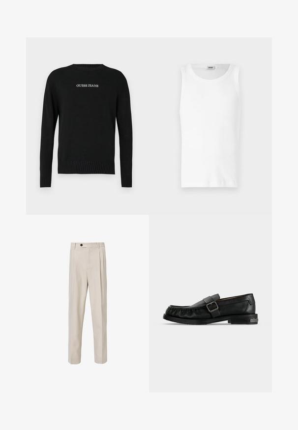 Zwarte trui met lange mouwen, geribbelde zoom en manchetten, met "GUESS JEANS" in het wit geborduurd op de voorkant. Zachte brei textuur.; Witte katoenen mouwloze tanktop met een ronde halslijn en een gladde textuur. Eenvoudig ontwerp, geen patronen of accenten.; Beige op maat gemaakte broek met een recht model, voorzien van voorplooien, een knoopsluiting en een gladde stofstructuur.; Zwarte leren loafer met een gesp, gestikte details rondom de neus en een lage hak met metalen accent.