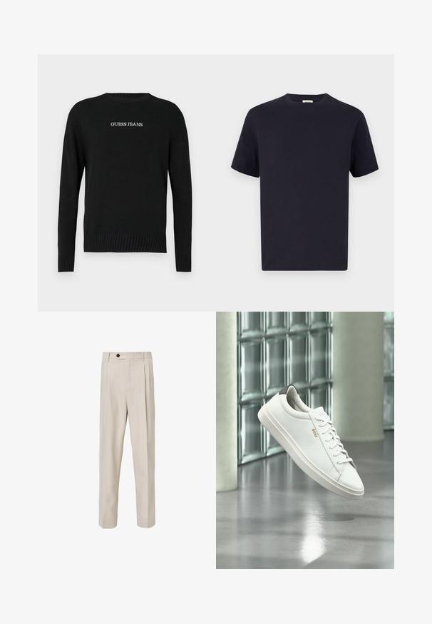 Zwarte trui met lange mouwen, geribbelde zoom en manchetten, met "GUESS JEANS" in het wit geborduurd op de voorkant. Zachte brei textuur.; Navy blauwe katoenen T-shirt met een ronde hals, korte mouwen en een relaxte pasvorm; gladde textuur; geen zichtbare patronen of hardware.; Beige op maat gemaakte broek met een recht model, voorzien van voorplooien, een knoopsluiting en een gladde stofstructuur.; Witte leren lage sneaker met veters, zwarte hielstrook en "BOSS"-logo, zwevend binnenshuis bij een glazen stenen muur en gepolijste vloer.