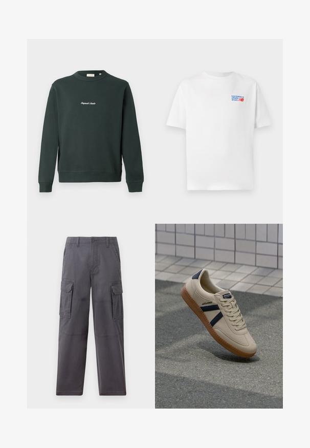 Dunkelgrüner Pullover mit Rundhalsausschnitt, gerippten Bündchen und Saum. Verfügt über weißen gestickten Text auf der Brust. Hergestellt aus einem Baumwollmischgewebe.; Weißes Baumwoll-T-Shirt mit kurzen Ärmeln, ausgestattet mit einem blauen und roten Logo auf der linken Brustseite. Klassischer Rundhalsausschnitt, lockere Passform, glatte Textur.; Hollister Co. SKATER BAGGY - Cargohose - grey; Beige Sneaker mit strukturierter Oberfläche, dunkelblauen Streifen und Gummisohle. Verfügt über eine gepolsterte Zunge und ein traditionelles Schnürsystem für einen sicheren Sitz.