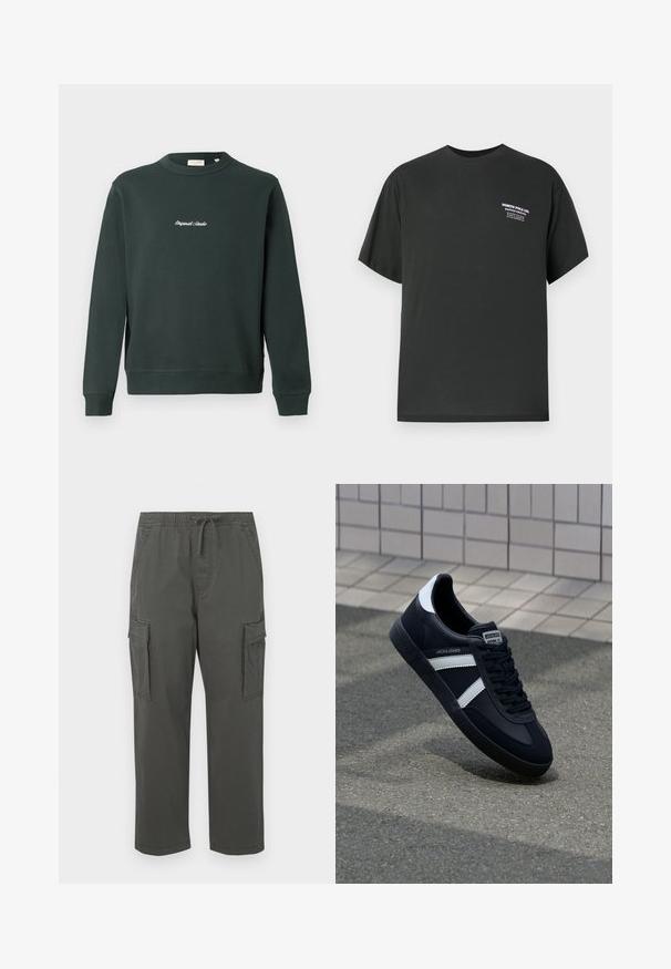 Dunkelgrüner Pullover mit Rundhalsausschnitt, gerippten Bündchen und Saum. Verfügt über weißen gestickten Text auf der Brust. Hergestellt aus einem Baumwollmischgewebe.; Schwarzes Baumwoll-T-Shirt mit kurzen Ärmeln, Rundhalsausschnitt und weißem, aufgedrucktem Text auf der Brust. Schlichtes Design mit lockerem Schnitt.; Dunkelgraue Cargo-Hosen mit elastischem Bund, Kordelzug, seitlichen Klappentaschen und geradem Beinschnitt.; Schwarze Leder-Sneaker mit weißen Streifen, strukturiertem Gummisohle und Schnürung. Verfügt über ein Markenetikett auf der Zunge.