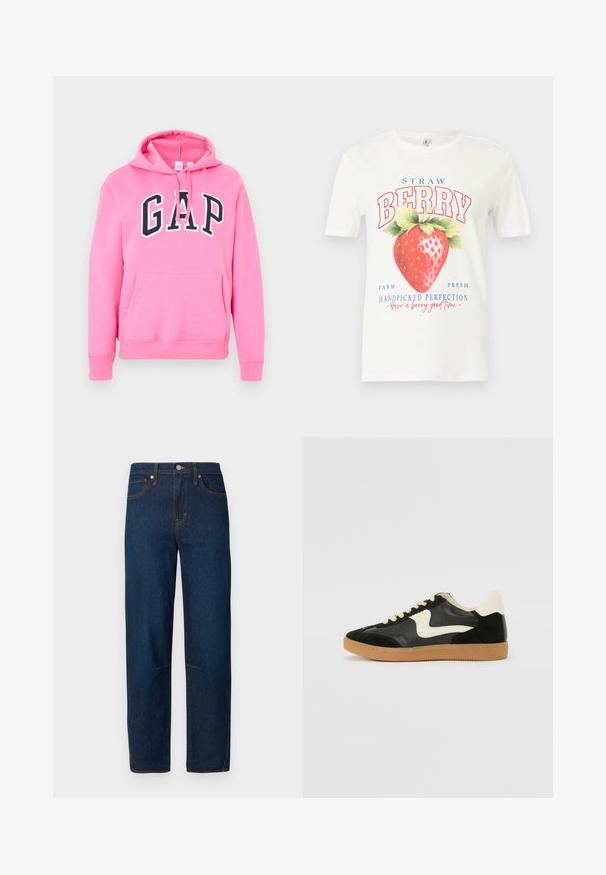Sweat à capuche rose avec poche avant et logo GAP noir en lettres majuscules sur la poitrine, doté de cordons à la capuche.; T-shirt blanc à manches courtes avec un grand motif de fraise rouge et le texte « STRAW BERRY », « Farm Fresh » et « Handpicked Perfection ».; Jean en denim bleu foncé, coupe droite, avec cinq poches et détails de surpiqûres contrastantes. Sans ornements.; Baskets en daim et cuir noir avec un swoosh latéral crème et un talon crème clair. Dotées de lacets beige et d'une semelle en caoutchouc gomme.
