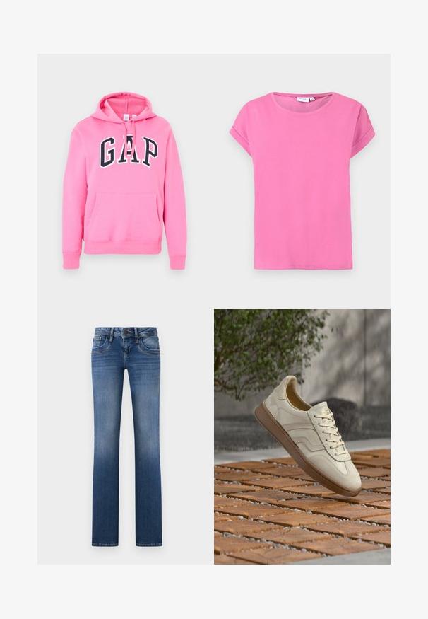 Sweat à capuche rose avec poche avant et logo GAP noir en lettres majuscules sur la poitrine, doté de cordons à la capuche.; T-shirt rose à manches courtes avec col rond, ourlets de manches pliés et texture de tissu lisse et unie sur fond blanc.; Jean denim bleu à jambes droites avec bouton à l'avant, fermeture à glissière et design à cinq poches, présentant un léger délavage sur les cuisses et les genoux.; Baskets couleur crème avec une semelle extérieure en caoutchouc beige texturée, un design à lacets et un marquage subtil sur le côté. Tige en cuir lisse.