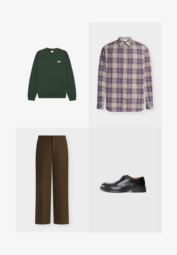 Sweat-shirt vert foncé à manches longues et col rond avec un petit texte blanc et jaune clair « Cafe Los Drios » sur le côté gauche de la poitrine.; Chemise à manches longues boutonnée avec un motif à carreaux beige, violet et noir et un col classique, présentée à plat sur un fond clair.; Pantalon marron droit avec passants de ceinture, fermeture avant par bouton et zip, présenté sur un fond clair uni.; Chaussure de ville en cuir noir avec un bout arrondi, surface lisse, détails en dentelle et une semelle en caoutchouc texturée basse. Lignes épurées et design minimal.