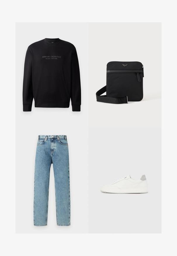 Sweat-shirt noir à col rond avec "ARMANI EXCHANGE MILANO / NEW YORK" en texte en relief sur le devant. Le tissu est lisse avec des poignets côtelés.; Jeans en denim bleu clair avec une coupe droite, cinq poches et fermeture par bouton en laiton. Le tissu présente une texture légèrement usée et un aspect délavé.; Baskets basses blanches avec un onglet de talon gris, des lacets blancs et une semelle texturée, présentées sur un fond uni clair.; Sac bandoulière carré noir avec fermeture éclair, poche avant et sangle réglable avec nom de marque embossé.
