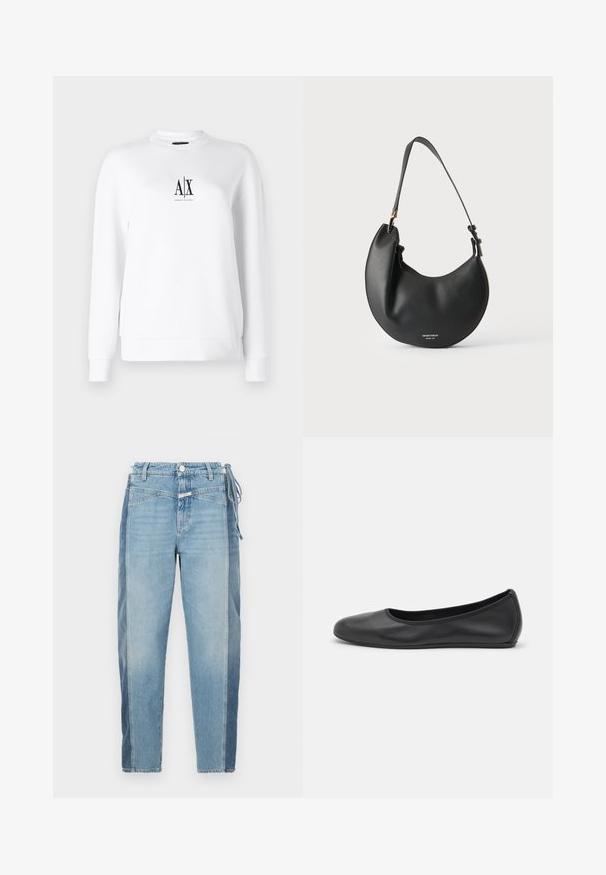 Witte trui met lange mouwen, geribbelde manchetten en een ronde halslijn. Voorzien van een zwart logo aan de voorkant. Glad, lichtgewicht stof.; Lichtblauwe denim jeans met een mix van twee tinten, een rechte pijp en een strikdetail in de taille. Verweerde textuur en een onafgewerkte zoom.; Zwarte leren ballerina met een ronde neus, gladde textuur, minimale stikdetails en een flexibele zoolontwerp.; Zwarte leren schoudertas in halvemaanvorm met verstelbare riem en kleine witte logotekst aan de voorkant tegen een lichte achtergrond.