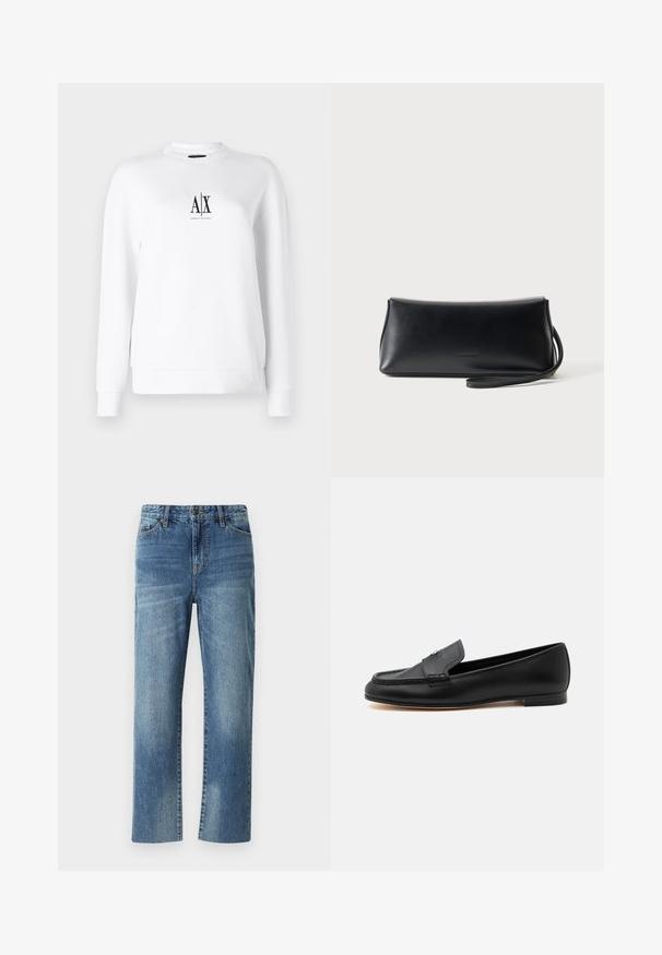 Sweat-shirt blanc à manches longues, poignets côtelés et col rond. Présente un logo noir sur le devant. Tissu lisse et léger.; Jean en denim bleu avec une coupe droite, présentant une fermeture à bouton, des poches frontales et une texture décolorée sur l'ensemble.; Mocassin en cuir noir avec un petit talon, des détails cousus et un petit accent métallique sur la tige supérieure.; Pochette en cuir noir lisse avec une fine lanière de poignet, forme rectangulaire, et logo embossé subtil centré sur le devant.