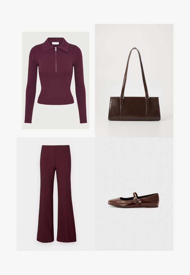 T-shirt en maille côtelée à manches longues de couleur violet foncé, avec un col et une fermeture éclair argentée à l'avant, silhouette ajustée.; Pantalons évasés bordeaux taille haute avec pinces à l'avant et coupe ajustée, présentés sur fond blanc.; Ballerine en cuir verni marron avec un bout carré et une lanière ornée d'une petite boucle dorée. Texture lisse, talon bas et design minimaliste.; Sac à main en cuir verni marron de forme rectangulaire, avec deux longues poignées et des accents courbés subtils à l'avant.