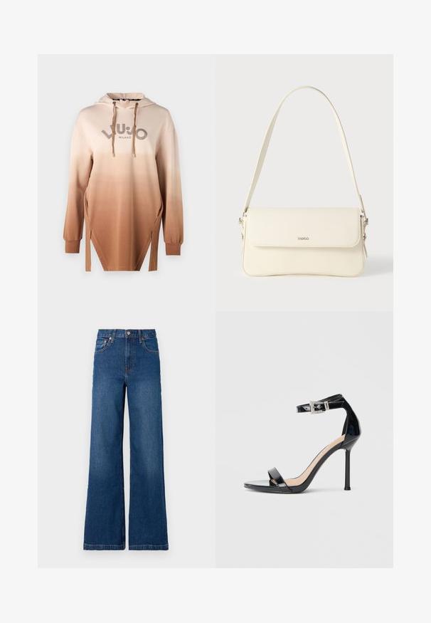 Huppari, jossa on beigen ja ruskean välinen gradientti, metallinhohtoinen logo, sivuhaarat ja ribat. Sujuva, pehmeä pinta.; GAP STRIDE SUTTON - Leveälahkeiset - dark wash; Musta kiiltävä nahkainen korkokengän sandaali, jossa nilkkahihna. Siinä on minimalistinen muotoilu, avoin varvas ja strassikoristeltu solki.; Kermanvalkoinen nahkainen olkalaukku, jossa on läppäkiinnitys, hopeiset metalliosat, säädettävä yksittäinen olkahihna ja hillitty logon koriste.