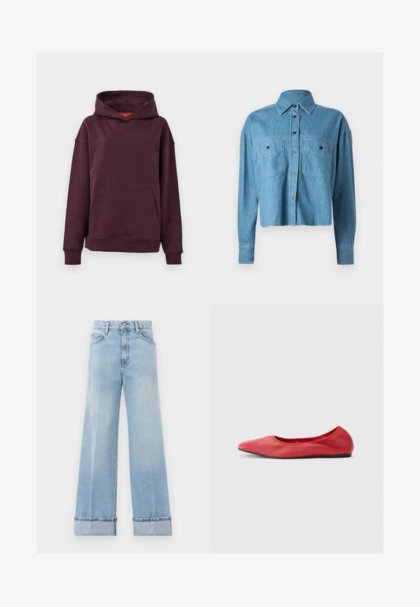 Hoodie bourgogne avec une poche kangourou, des manches larges et une capuche spacieuse. Fabriqué en tissu doux et extensible en mélange de coton.; CLOSED CROPPED FRONT OVERSIZED - Chemisier - mid blue; Jeans évasés bleu clair en denim, dotés d'une taille haute, d'ourlets retroussés et d'un design classique à cinq poches. Finition nette avec un minimalisme dans les dégradés.; Filippa K REY FLATS - Ballerines - bright red