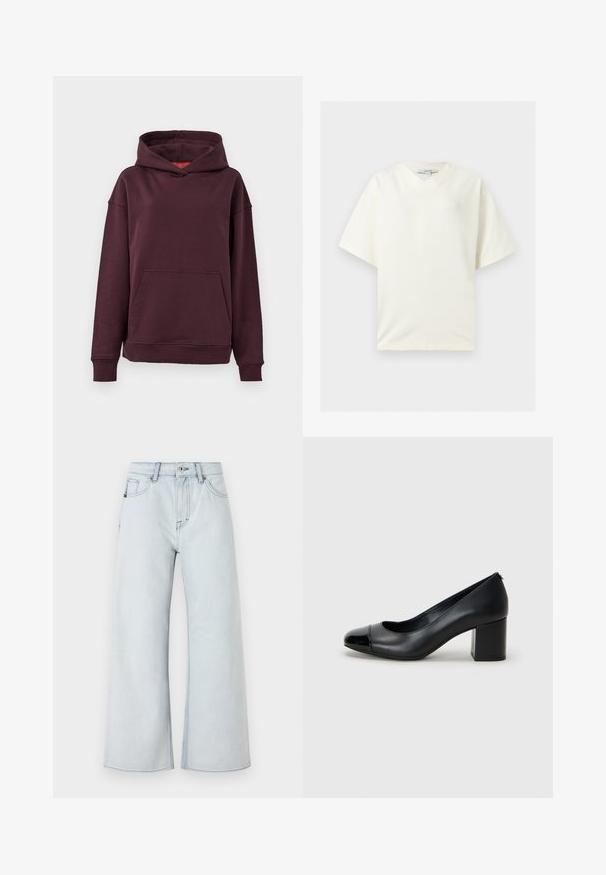Bordeaux hoodie med kænguru-lomme, brede ærmer og en rummelig hætte. Fremstillet af blødt, strækbart bomuldsblandingsmateriale.; Hvid oversized T-shirt med korte ærmer og V-udskæring, lagt fladt ud med en TOPSHOP label indeni kraven.; Lysblå jeans med bred benedesign, lavet af denim. Funktioner fem lomme-stil, bæltestropper og knaplukning.; Sort læderpumpe med en blank sort tåkap og kraftig hæl. Glat tekstur og rund design med en diskret åbning foran.