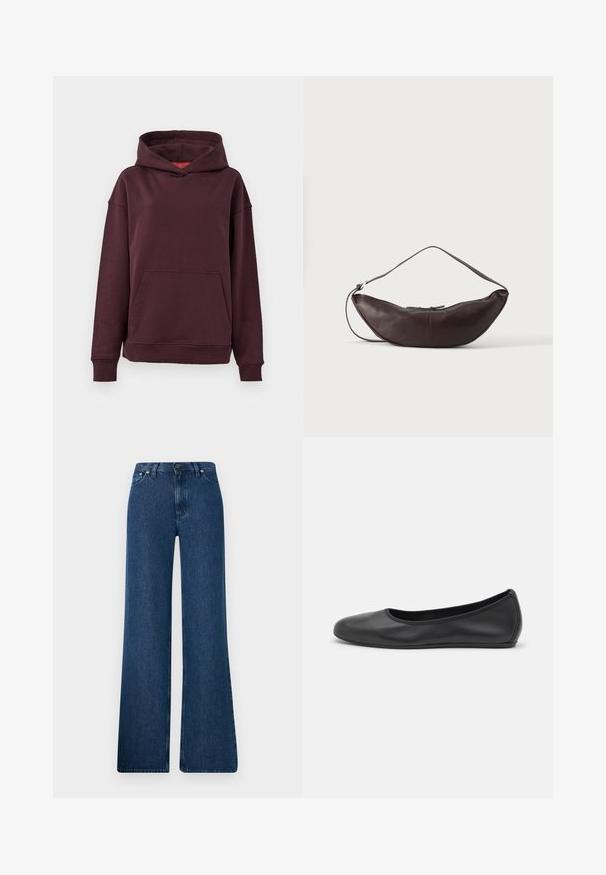 Bordeaux hoodie med kænguru-lomme, brede ærmer og en rummelig hætte. Fremstillet af blødt, strækbart bomuldsblandingsmateriale.; Blå denim flared jeans med høj talje, fem-lomme design og metalknaplukning. Glat tekstur, afslappet stil og minimal syning.; Sort læderballetsko med rund tå, glat tekstur, minimal syning og et fleksibelt såldesign.; Mørkebrun læder skuldertaske i halvmåneform med buet rem og synlige syninger på ensfarvet baggrund.