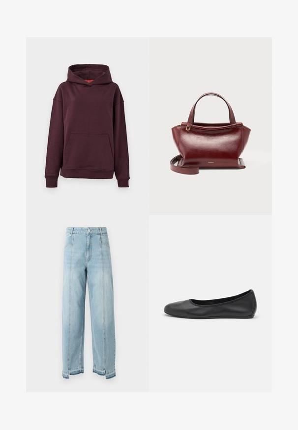 Bordeaux hoodie med kænguru-lomme, brede ærmer og en rummelig hætte. Fremstillet af blødt, strækbart bomuldsblandingsmateriale.; Lys blå denim jeans med brede ben, høj talje og frynset kant. Har to forlommer og synlige sømme langs sømmene.; Sort læderballetsko med rund tå, glat tekstur, minimal syning og et fleksibelt såldesign.; Mørkerød lædertaske med to håndtag øverst, aftagelig skulderrem, guldfarvet hardware og mærkenavnet Wandler på forsiden i midten.