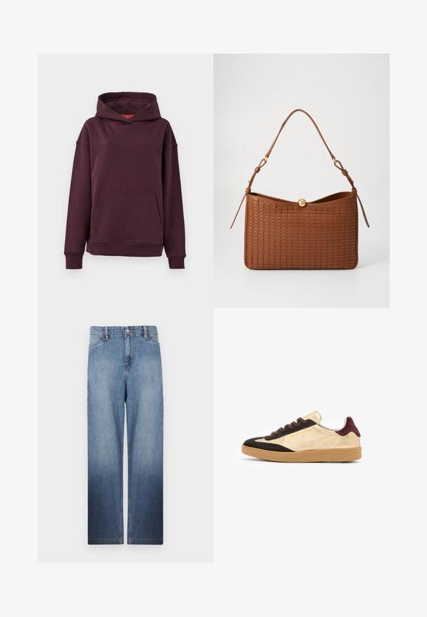 Hoodie bourgogne avec une poche kangourou, des manches larges et une capuche spacieuse. Fabriqué en tissu doux et extensible en mélange de coton.; Jean en denim droit bleu clair avec un effet décoloré, cinq poches et fermeture à bouton en métal à la taille.; Baskets basses en suède doré et noir avec des lacets marron, semelle en caoutchouc texturé et détail de logo sur le côté extérieur.; Sac à main en cuir tressé marron, de forme structurée, avec un fermoir à bouton doré et une bandoulière réglable. Surface texturée.