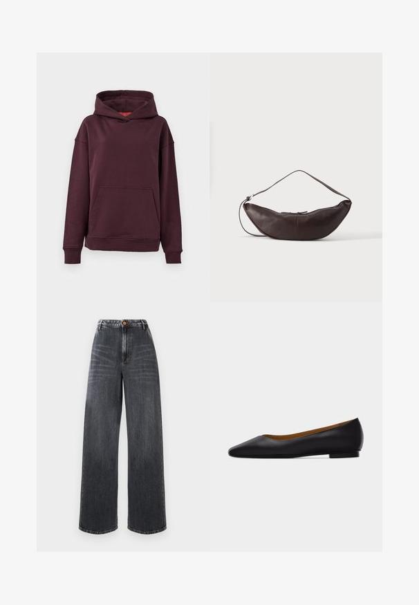 Bordeaux hoodie met een kangaroo zak, ruime mouwen en een grote capuchon. Gemaakt van zachte, rekbare katoenmix stof.; Hoge taille wijde jeans van donkergrijs denim met vervaagde details, met een sluiting met knoop aan de voorkant en een traditionele vijf-pocket stijl.; Zwarte leren puntschoen met lage hak en gladde afwerking, zijaanzicht op een lichtgrijze achtergrond.; Donkerbruine leren schoudertas in halve maan vorm met een gebogen band en zichtbare stiksels op een effen achtergrond.
