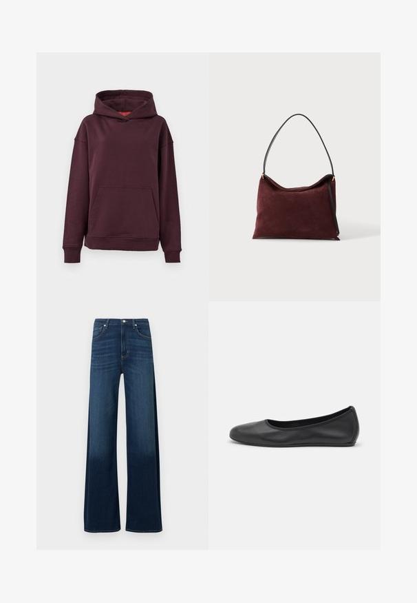 Bordeaux hoodie med kænguru-lomme, brede ærmer og en rummelig hætte. Fremstillet af blødt, strækbart bomuldsblandingsmateriale.; Jeans med vide ben i mørkeblå denim. Har høj talje, fem lommer, diskret viskelædereffekt og syningsdetaljer langs sømmene.; Sort læderballetsko med rund tå, glat tekstur, minimal syning og et fleksibelt såldesign.; Blød vinrød ruskindstaske med sort skulderrem og guldfarvede metaldele, vist på hvid baggrund.