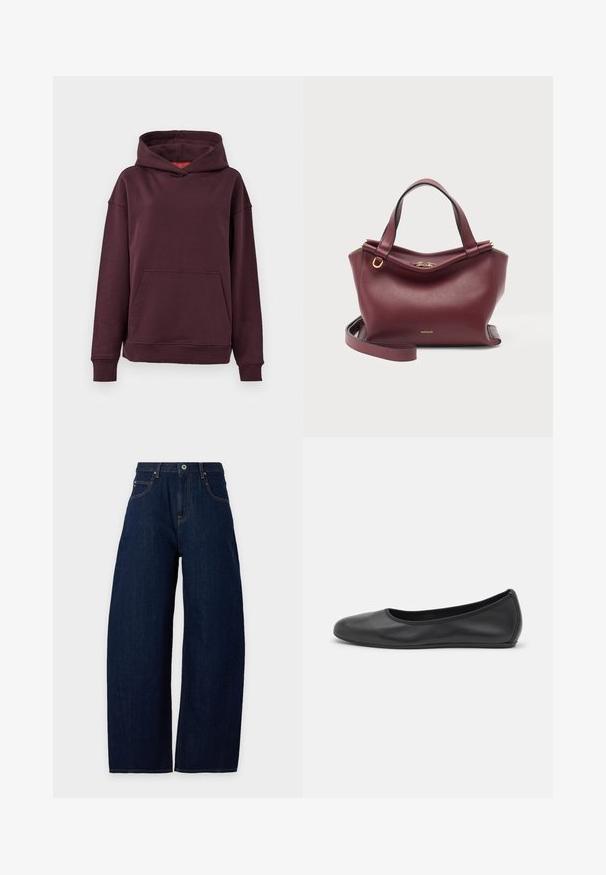Bordeaux hoodie met een kangaroo zak, ruime mouwen en een grote capuchon. Gemaakt van zachte, rekbare katoenmix stof.; Donkerblauwe jeans met wijde pijpen, voorzakken, riemlussen en een knoop- en ritssluiting op een effen achtergrond.; Zwarte leren ballerina met een ronde neus, gladde textuur, minimale stikdetails en een flexibele zoolontwerp.; Donkerrode leren handtas met twee handvatten, een afneembare schouderriem en gouden ritssluiting en logo-details op een witte achtergrond.