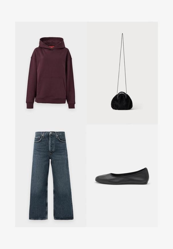 Bordeaux hoodie med kænguru-lomme, brede ærmer og en rummelig hætte. Fremstillet af blødt, strækbart bomuldsblandingsmateriale.; Mørke denim brede ben jeans med knap- og lynlåslukning, udstyret med fem lommer og subtilt slid på stoffet.; Sort læderballetsko med rund tå, glat tekstur, minimal syning og et fleksibelt såldesign.; Lille sort taske i kunstpels med flettede top-håndtag og lang tynd skulderrem på ensfarvet baggrund.