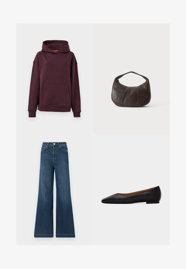 Bordeaux hoodie med kænguru-lomme, brede ærmer og en rummelig hætte. Fremstillet af blødt, strækbart bomuldsblandingsmateriale.; Sorte jeans med vid ben i mørkeblåt denim, med høj talje, kobberbeslag og diskret falmning. Ren kant uden yderligere mønstre.; Sort læder flad sko med spids tå, lav hæl og glat finish, vist fra siden på en lysegrå baggrund.; Lille mørkebrun tekstureret håndtaske med kort rem og afrundet bund på en ensfarvet lys baggrund.