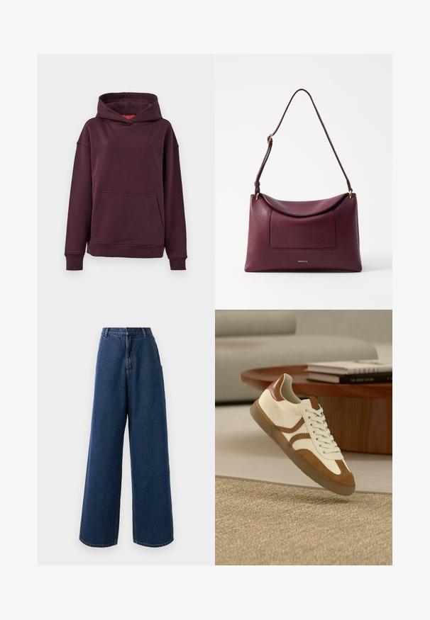 Bordeaux hoodie med kænguru-lomme, brede ærmer og en rummelig hætte. Fremstillet af blødt, strækbart bomuldsblandingsmateriale.; Højtaljede brede jeans i mørkeblå denim med frontknap og lynlås, bæltestropper og sidelommer.; Hvide og beige sneakers med læder- og ruskindsmaterialer, rund tå, snøresystem og tekstureret gummisål med dekorative sidestriber.; Bordeaux læder skuldertaske med en buet klap, en forlommer og et guld logo. Udstyret med en enkelt rem for nem transport.