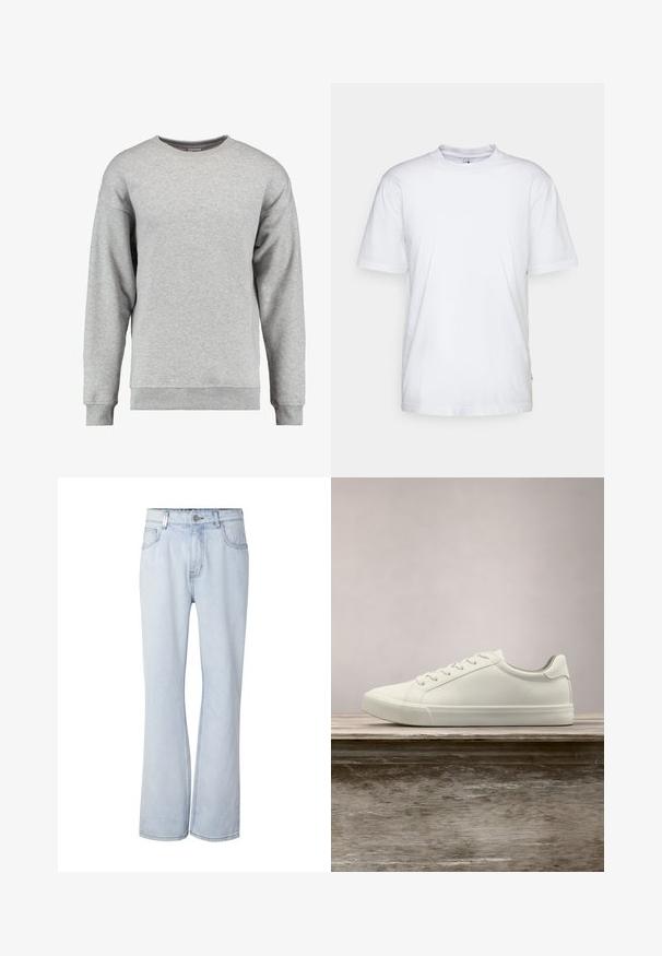 Grau Crewneck-Pullover aus weicher Baumwolle. Verfügt über lange Ärmel, gerippte Bündchen und Saum sowie ein schlichtes, unauffälliges Design.; Weißes Baumwoll-T-Shirt mit Rundhalsausschnitt, kurzen Ärmeln und geradem Saum. Auf der linken Seitennaht befindet sich ein kleines Markenzeichen.; Hellblaue Jeans mit hoher Taille, Fronttaschen, Knopfverschluss und leicht ausgestellten Beinen auf weißem Hintergrund.; Weiße Schnürsneaker, die über einer Holzbank mit grünem Laub im Hintergrund schweben und das Schuhdesign sowie die Textur zeigen.