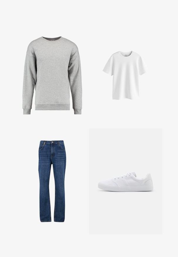 Grijze crewneck sweater gemaakt van zachte katoen. Heeft lange mouwen, ribbelboorden en een ribbelzoom, en heeft een eenvoudig, onopgesmukt ontwerp.; Witte katoenen T-shirt met een ronde hals, korte mouwen en een losse pasvorm. Heeft geen zichtbare logo's of patronen. Gladde textuur.; Donkerblauwe denim jeans met een rechte pijp, voorzien van voorzakken, riemlussen en een rits met knoopsluiting.; Witte canvas sneakers met een rubberen zool, voorzien van zes oogjes, een gestructureerde neuskap en een minimalistisch ontwerp.
