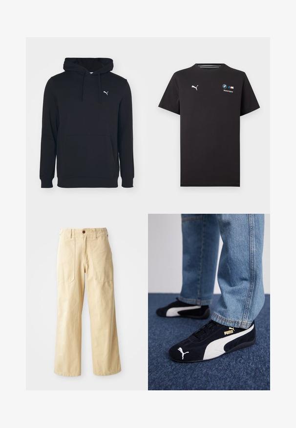Sort hættetrøje lavet af en bomuldsblanding, med en lomme foran, snøre i hætten og et lille hvidt logo på brystet. Glat tekstur.; Sort kortærmet T-shirt med Puma-logo på venstre bryst og BMW Motorsport-logo på højre bryst.; Beige brede benbukser lavet af bomuld. De har en høj talje, to forlommer med flad design og en enkelt knaplukning.; Sorte ruskinds sneakers med hvide detaljer og et guldlogo. Båret med lyseblå denimjeans og sat på en struktureret blå overflade.