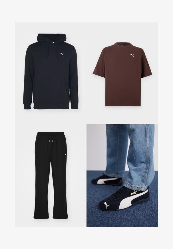 Sudadera negra de mezcla de algodón, con bolsillo frontal, capucha con cordones y pequeño logo blanco en el pecho. Textura suave.; Camiseta marrón de manga corta con cuello redondo y pequeño logotipo blanco de Puma en el lado izquierdo del pecho sobre un fondo blanco.; Pantalones de chándal negros con cintura elástica y cordón, con bolsillos laterales y un sutil logo en la pierna izquierda. Tela suave, forma acampanada.; Zapatillas de ante negras con acentos blancos, que presentan un logo dorado. Combinadas con unos jeans de mezclilla azul claro y colocadas sobre una superficie texturizada azul.