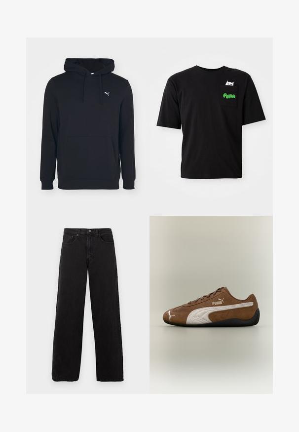 Sudadera negra de mezcla de algodón, con bolsillo frontal, capucha con cordones y pequeño logo blanco en el pecho. Textura suave.; Camiseta de algodón negra de manga corta, con un bolsillo que presenta un gráfico de un gato y el texto "PUMA" en verde. Corte casual y textura suave.; Jeans de mezclilla negra con un diseño de pierna recta, estilo de cinco bolsillos y cierre de botón. Tejido texturizado y estética minimalista.; Zapatilla de ante marrón con detalles en blanco y diseño texturizado. Cuenta con una suela de goma negra y un prominente logo de Puma en el lateral.