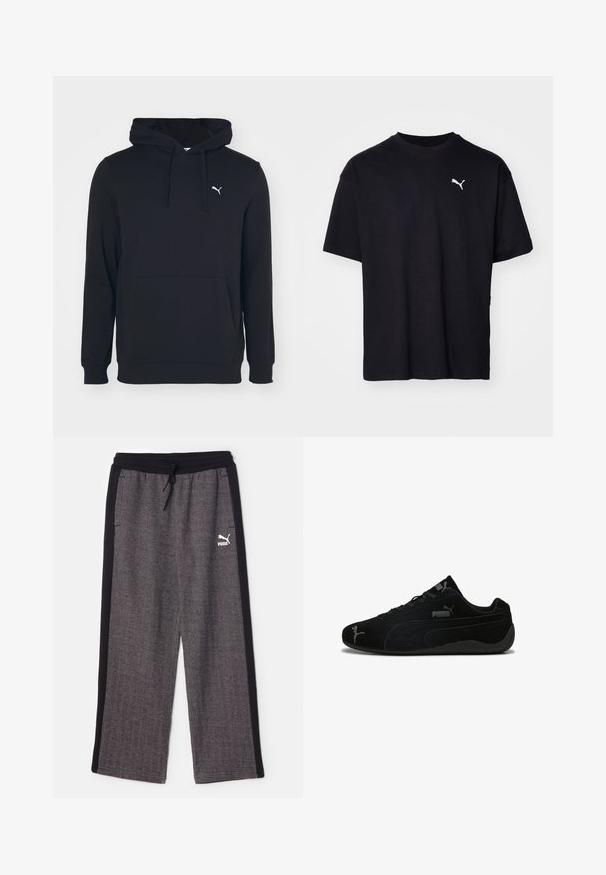 Sudadera negra de mezcla de algodón, con bolsillo frontal, capucha con cordones y pequeño logo blanco en el pecho. Textura suave.; Camiseta de algodón negra de manga corta, con escote redondo y un logo blanco de Puma en la parte superior izquierda del pecho. Corte clásico, textura suave.; Puma RELAXED TRACK PANTS - Pantalones deportivos - black/alpine snow; Zapatillas deportivas de ante negro con un perfil bajo. Presentan un diseño texturizado, suela de goma negra y acentos del logo plateado de Puma.